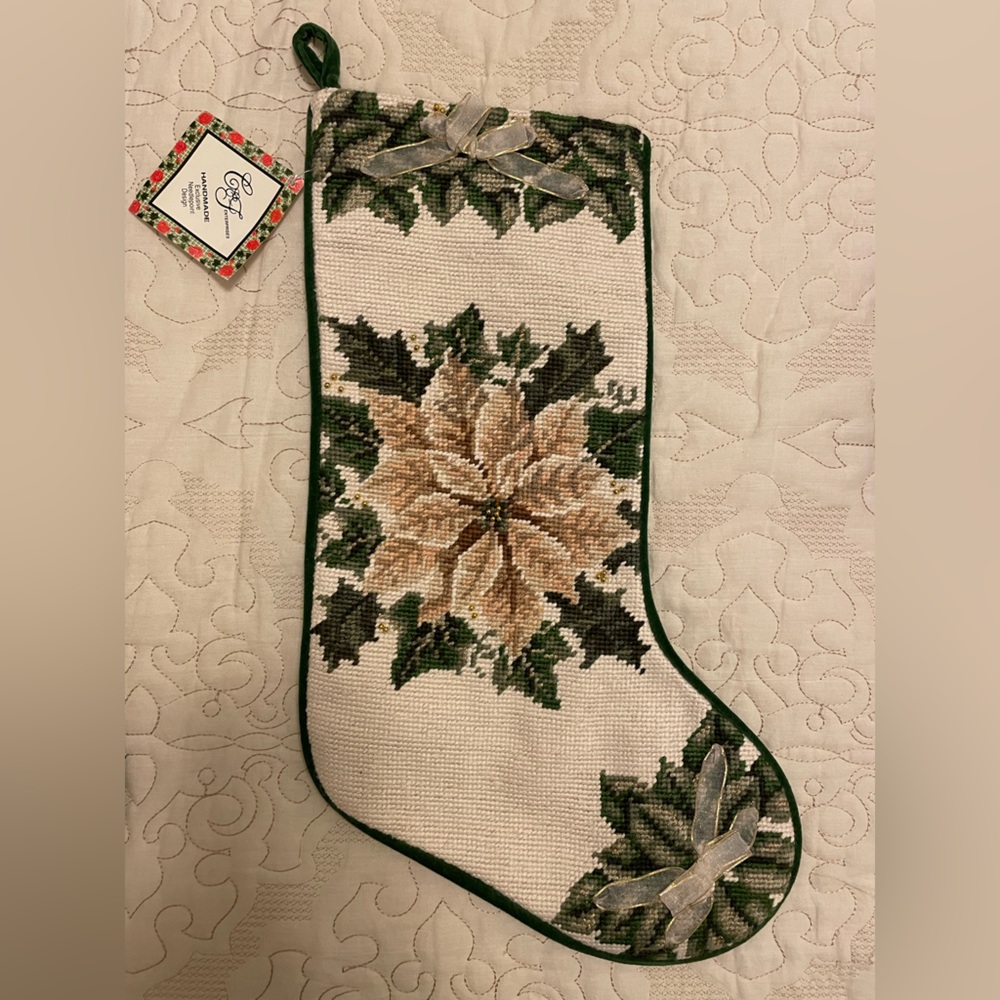 Vintage Christmas Poinsettia Flower Handmade Needlepoint Stocking NWT